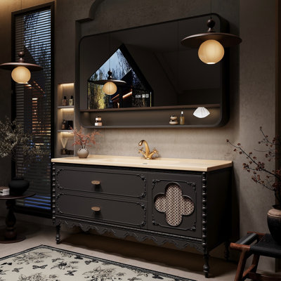 39.37"Solid Wood Rubberwood Rattan Freestanding Bathroom Washbasin Vanity With a Smart Mirror Cabinet