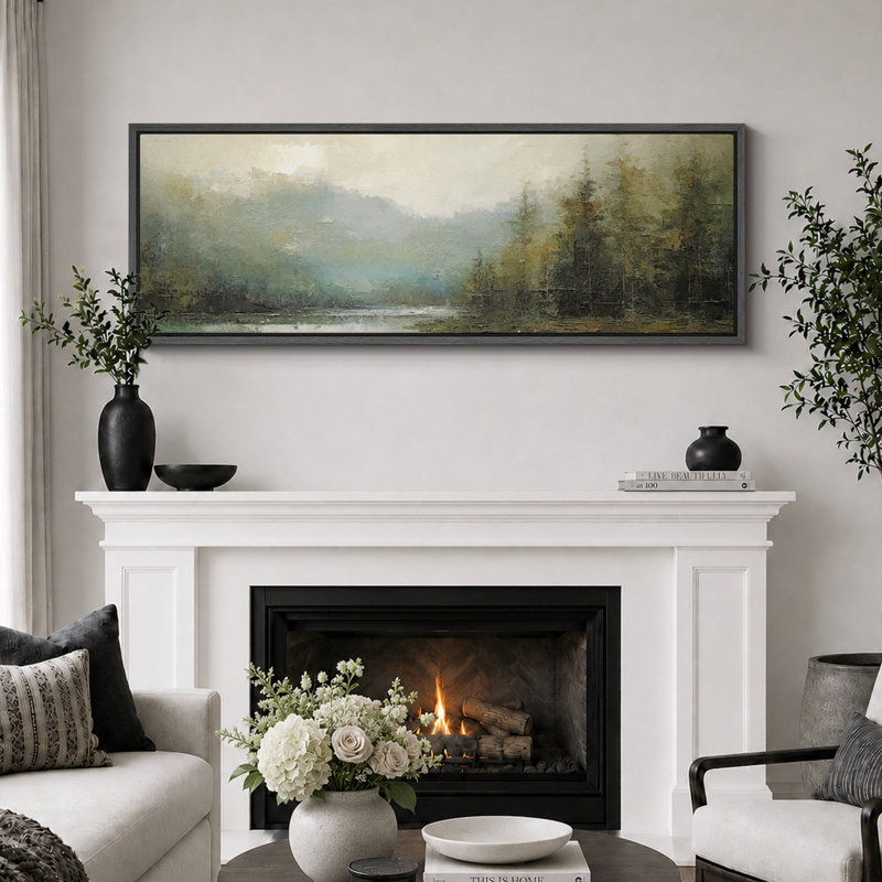 Lake River Landscape " Tranquil River Andest Antique Retro Fine Art Colorful Bedroom Extra Large Wall Decor ", 20" H x 60" W