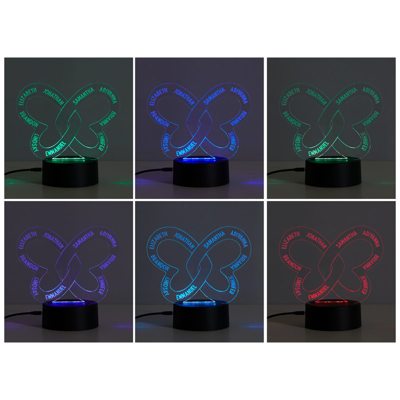 Veilleuse papillon à DEL avec 9 noms personnalisés gravés au laser sur un insert en acrylique