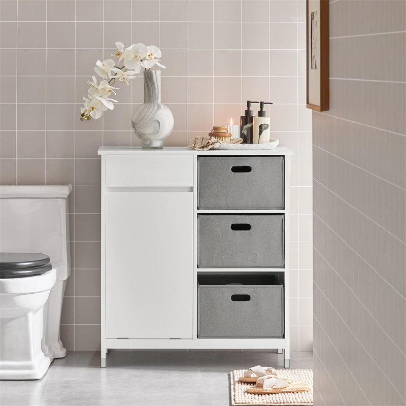 White MDF Laundry Sorter Cabinet with Gray Fabric Baskets