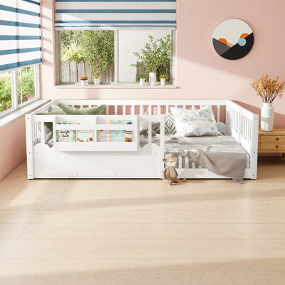 Grand lit blanc pour enfants avec rails de sécurité et bibliothèque intégrée - conception à profil bas, facile à assembler