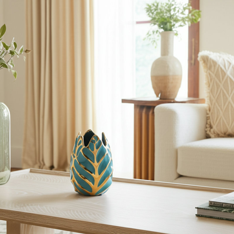 Addington Modern Stoneware Ceramic Vase with Textured Decorative Design, Turq/Teal