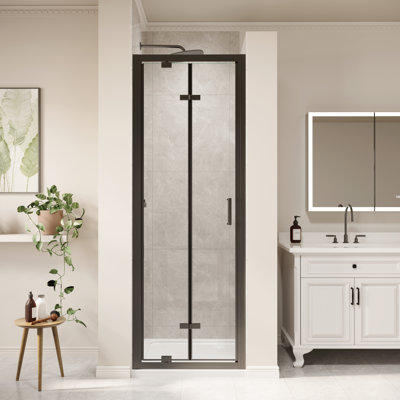 Framed Bi-Fold Pivot Shower Door Space-Saving Folding Shower Enclosure, 1/4" Clear Tempered Glass With Stainless Steel Handle, Reverible Installation, Black