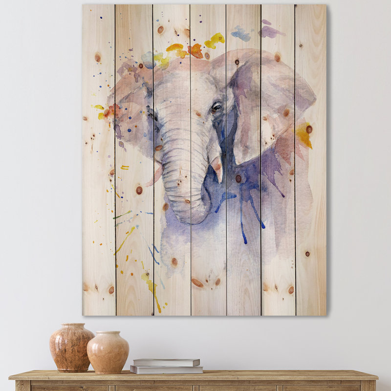 Portrait d'un éléphant en fleurs - reproduction de campagne sur bois de pin naturel, H 30 po x l 15 po x P 0,78 po