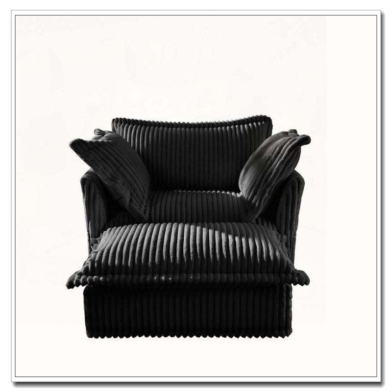 Fauteuil d'appoint en velours côtelé 2 grands coussins décoratifs, repose-pieds inclus, Noir