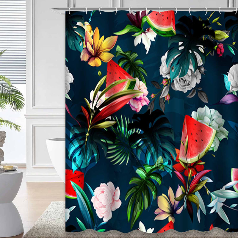 Rideau de douche sans couture à motif floral et pivoine sarcelle avec 12 crochets, L 72 po x l 84 po