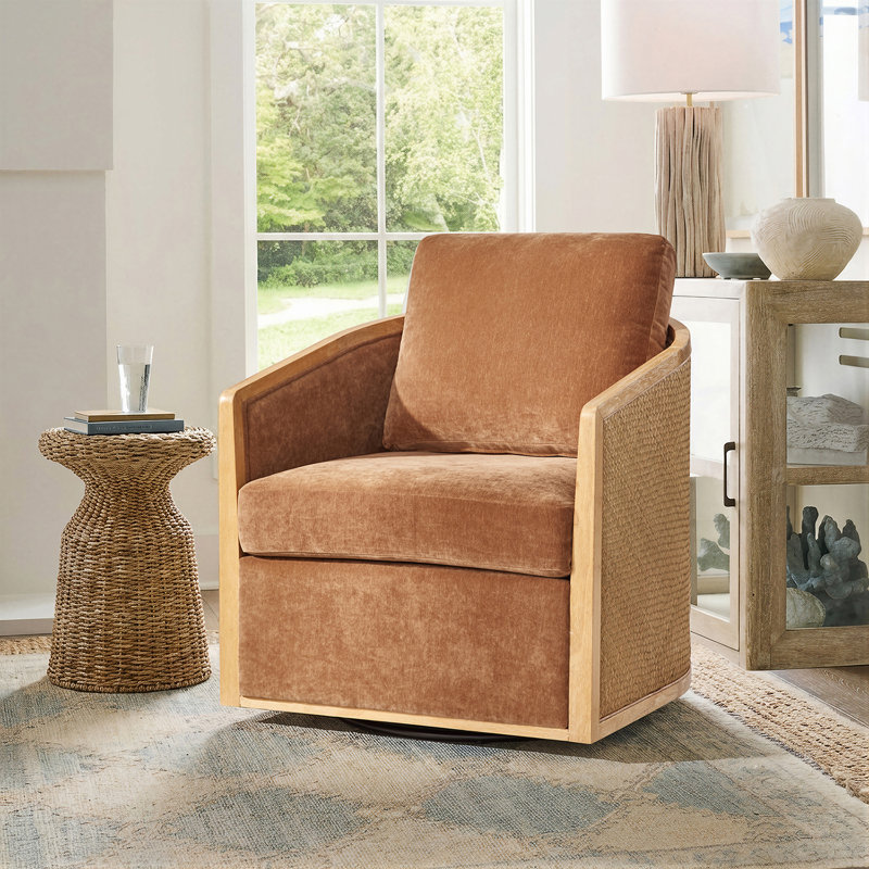 Coray 30.25'' W Modern Farmhouse Rattan Swivel Chair with Fully Assembled, Caramel