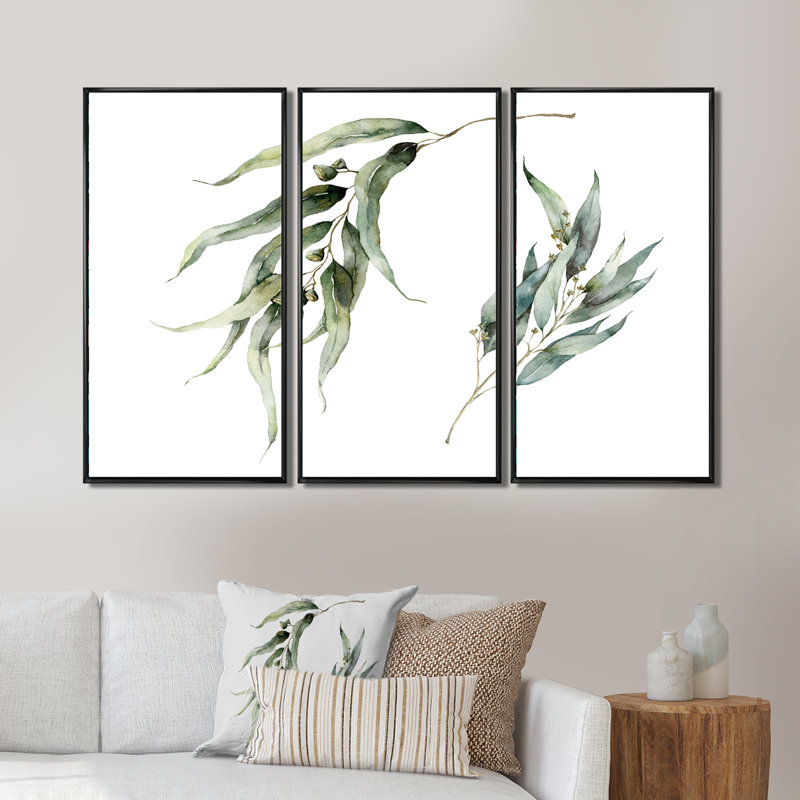 «Minimalistic Eucalyptus Branches», ensemble de 3 impressions sur toile, Cadre noir, H 28 po x l 36 po x P 1 po