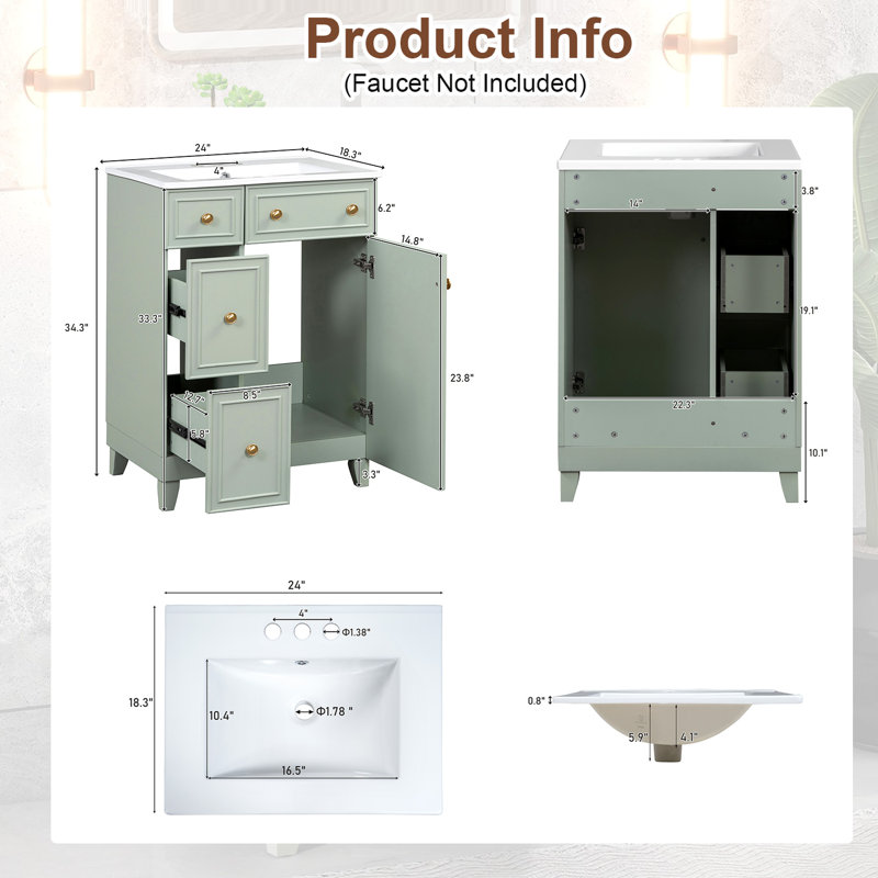 Meuble-lavabo 24 po avec lavabo en céramique, Vert / doré