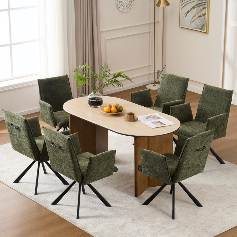 Swivel Boucle Upholstered Dining Chairs Modern Barrel Chair With Arm And Metal Legs, 6, Green