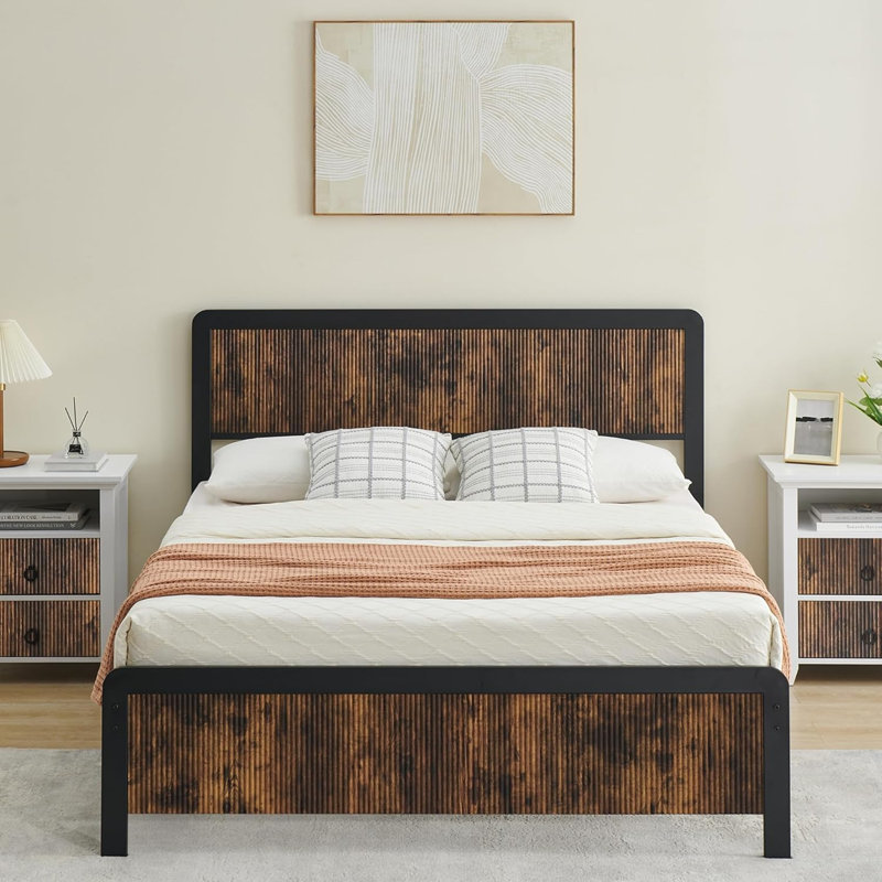 Queen Bed Frame with Wood & Metal Headboard, 14" Platform with Storage Space, Noise-Free, Easy Assembly, Brown