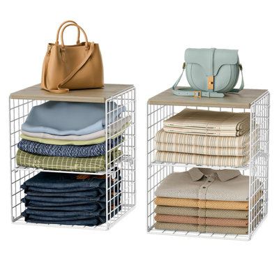 Three-Tier Thickened and Reinforced Stackable Wardrobe Storage Rack with Adjustable Shelves and a Wooden Top Shelf, suitable for clothing, wardrobe baskets/cubes, and a space-saving wardrobe storage system, black