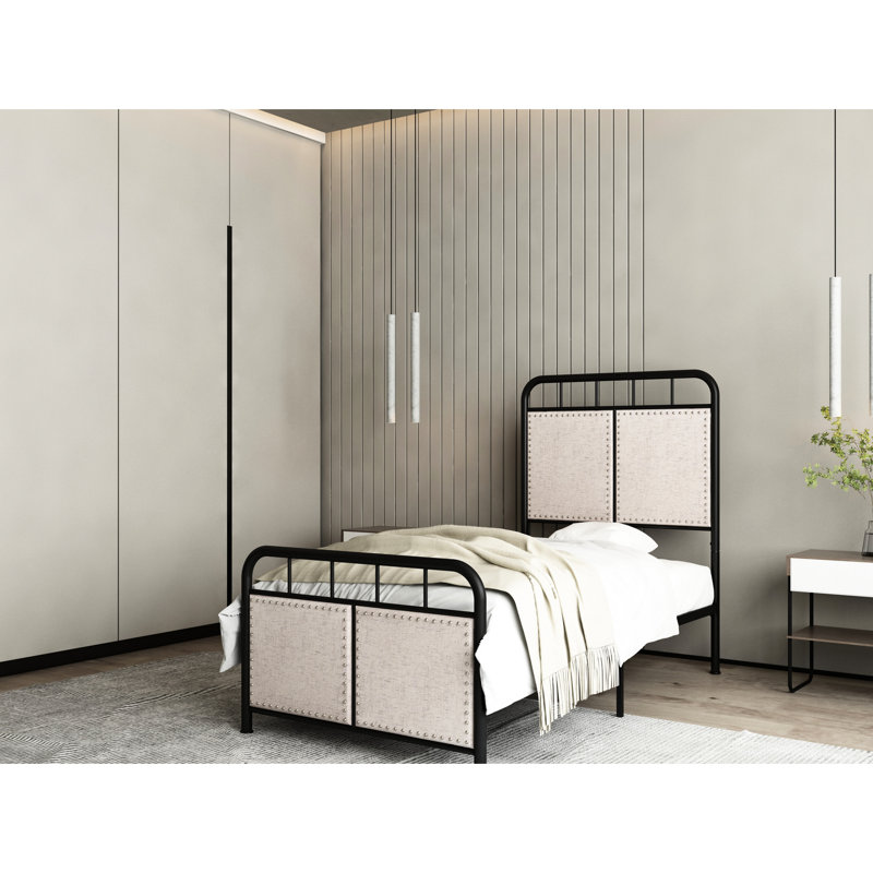 Lit simple tapissier en métal avec tête de lit en tissu et structure moderne, silencieuse, facile à assembler, aucun sommier tapissier nécessaire, s'adapte à tous les types de matelas, convient à plus de 8 pouces, support de poids de 250 lb
