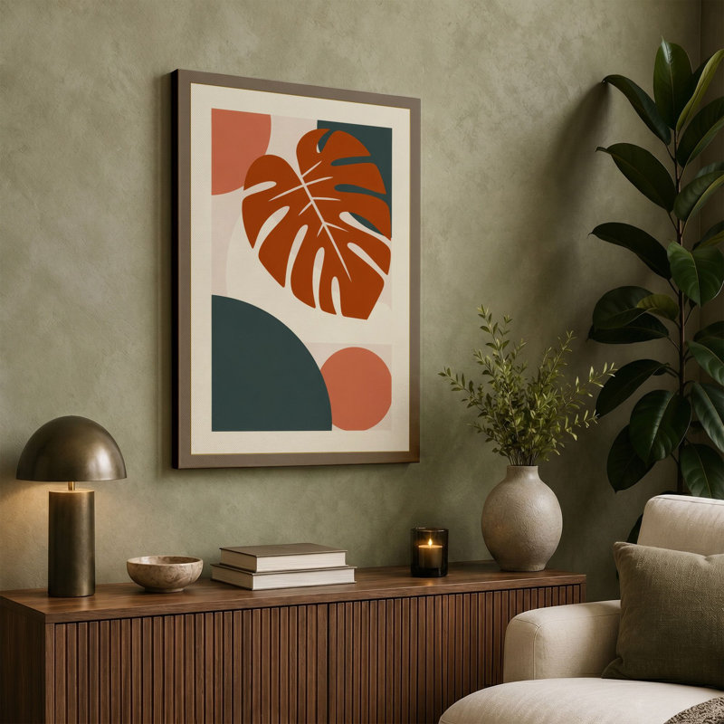 Monstera Geometry Mid-Century - Wrapped Canvas, Cream Border, 30x20 - 76.2 x 50.8 cm