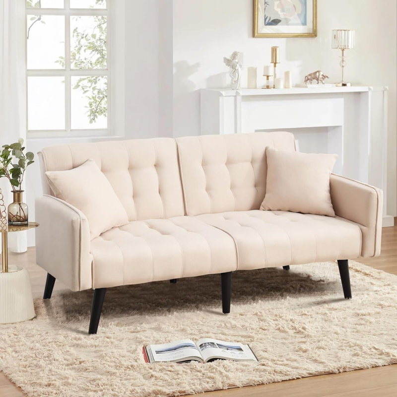 Small comfortable fabric sofa with adjustable backrest and armrests, Beige