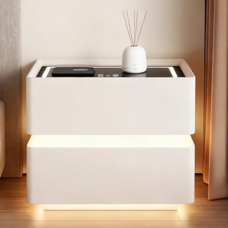Table de chevet intelligente à 2 tiroirs avec éclairage DEL et recharge sans fil, Blanc