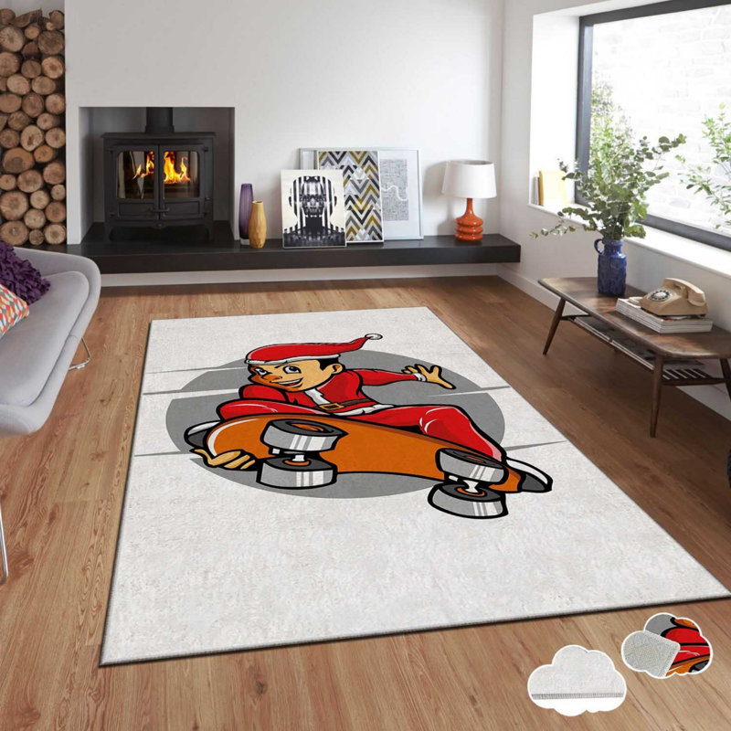 Tapis rectangulaire tissé à la machine en polyester blanc / rouge / orange, Rectangle 2 pi 7 po x 4 pi 7 po