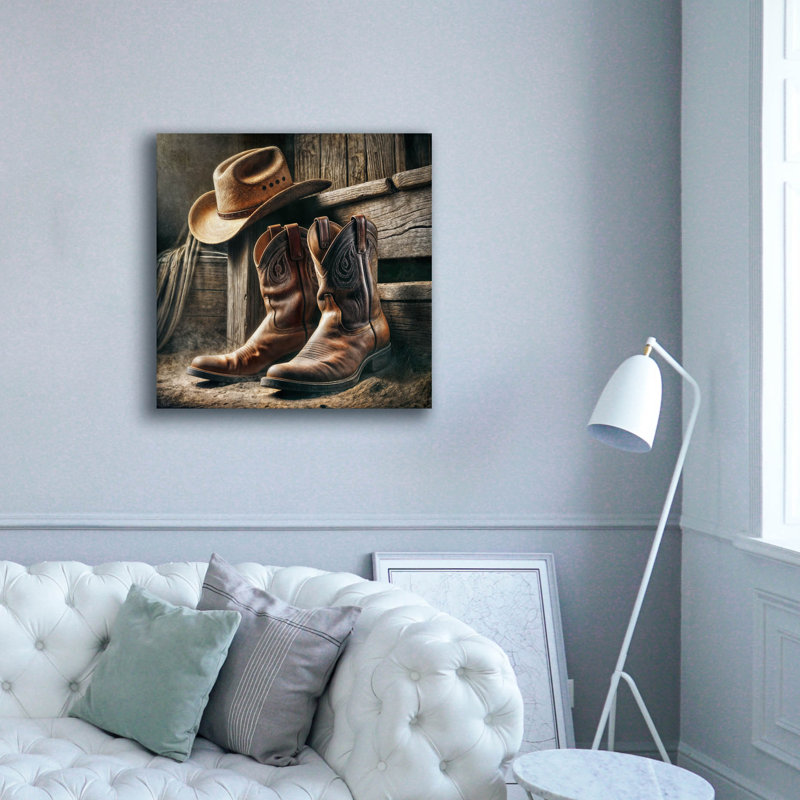 «Wester Style Decor Cowboy bottes and Hat» par Rey Klimt, art mural sur toile, H 37 po x l 37 po