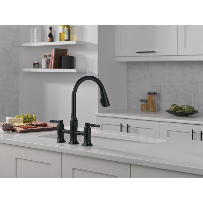Renaldi Matte Black Kitchen Faucet with Pull Down Sprayer, Bridge Modern Kitchen Sink Faucet, Two-Handle, Matte Black