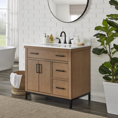 Uribe Meuble-lavabo autoportant à simple cuve avec plateau en pierre blanche ingénieur
