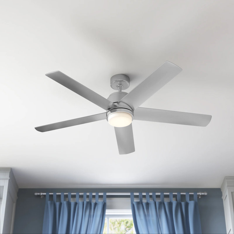 54"  5 - Blade Outdoor LED Standard Ceiling Fan with Wall Control and Light Kit Included, Brushed Nickel