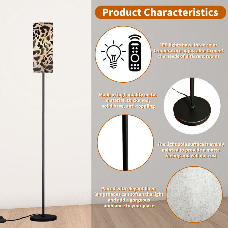 68.5" Standing Floor Lamp Seamless zebra skin for fabric print Dimmable Metal Pole Lamp with Linen Lampshade LED Bulb Included
