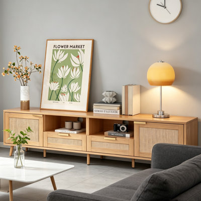 Rattan TV Stand For Tvs Up To 85'', Modern Farmhouse Media Console, Entertainment Centre With Solid Wood Legs, TV Cabinet For Living Room,Home Theatre