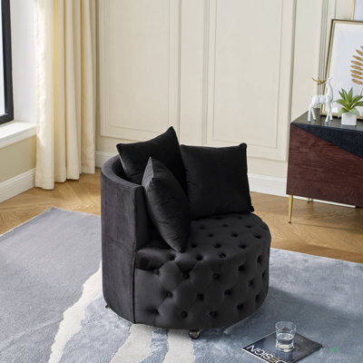 Velvet Upholstered Swivel Chair For Living Room, With Button Tufted Design And Movable Wheels, Including 3 Pillows by Grovelane