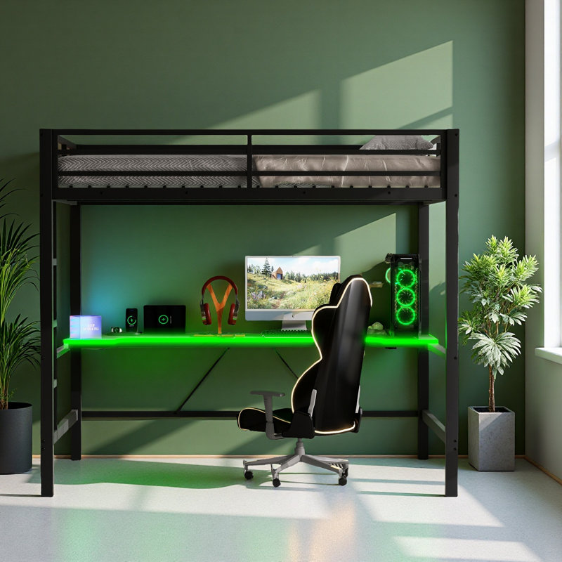 Base de lit mezzanine en métal avec lumière DEL, station de charge USB et bureau Gaming, Noir, Lit double