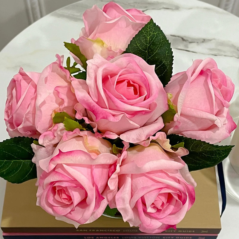 Real Touch Roses Arrangement In Glass Vase, Sweet Pink