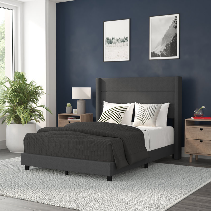 Upholstered Platform Bed with Wingback Headboard, Mattress Foundation with Slatted Supports, Charcoal, Full