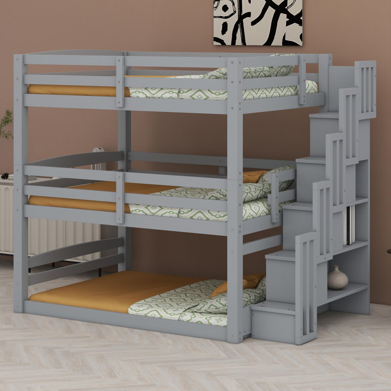 Triple lit mezzanine avec marches de rangement intégrées et configuration modulaire, Gris