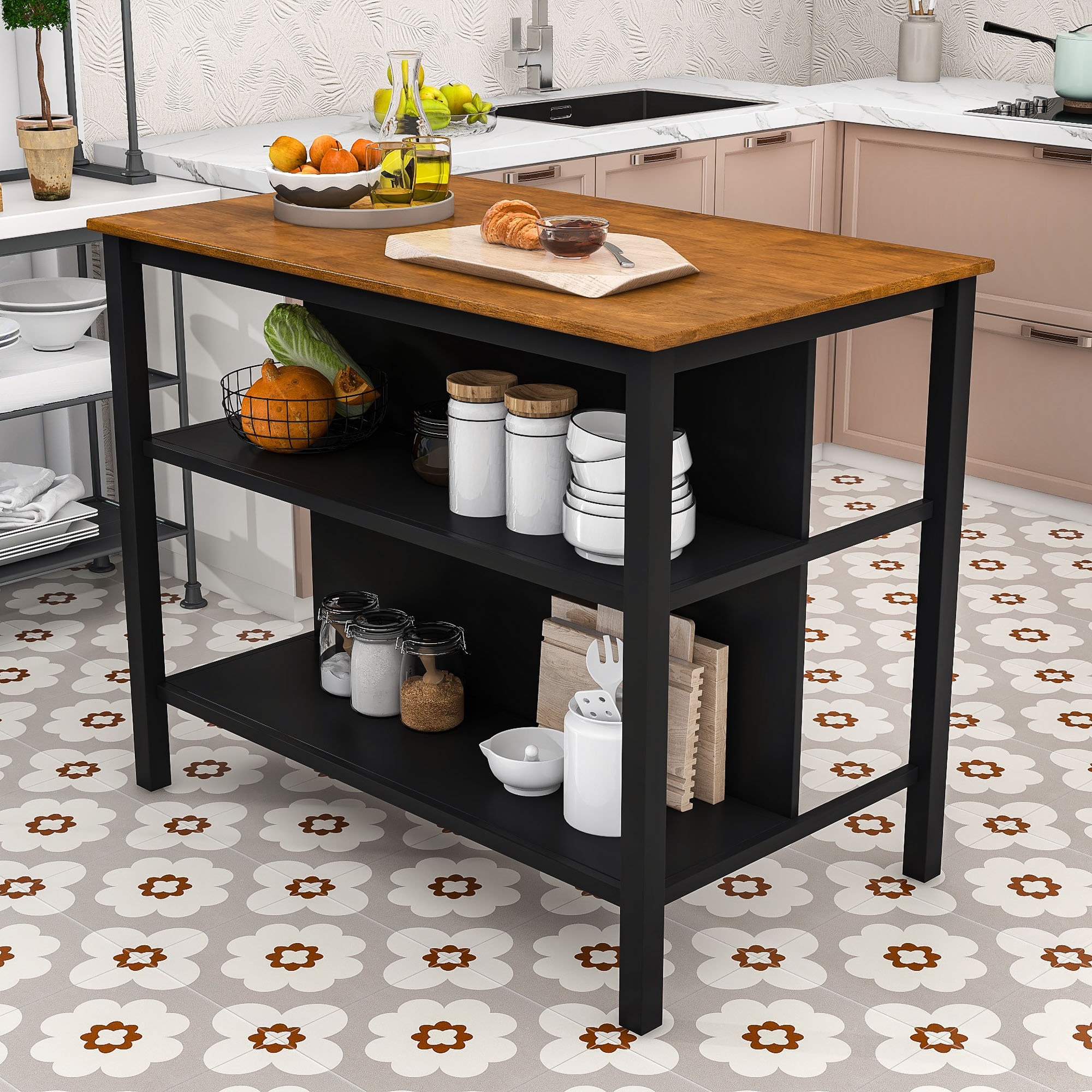 17 Stories Doudy Farmhouse Solid Wood Kitchen Island with Spacious ...