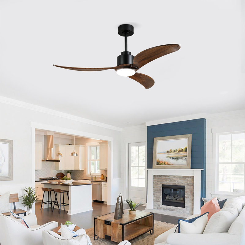 52"Matte Black+Wood Ceiling Fan  With LED Light , Tan, Mattte Black