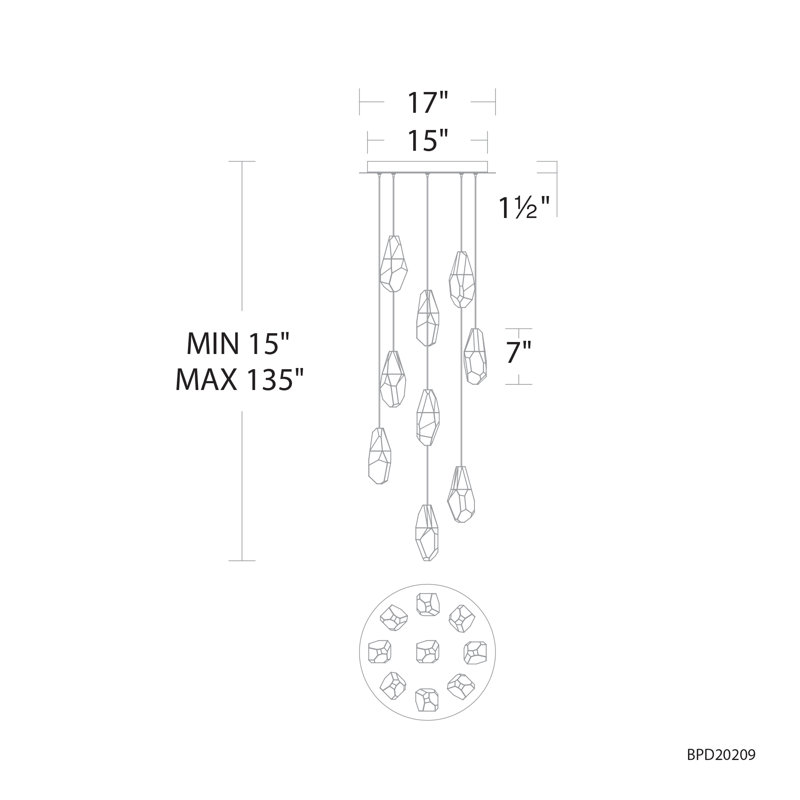 Martini 9 Light LED Multi-Light Pendant, Black, Optic Haze Crystal