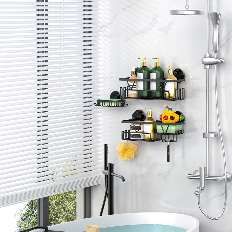 Tablette de salle de bain à ventouse de douche - Support amovible, en acier inoxydable, avec porte-savon, 3 pièces
