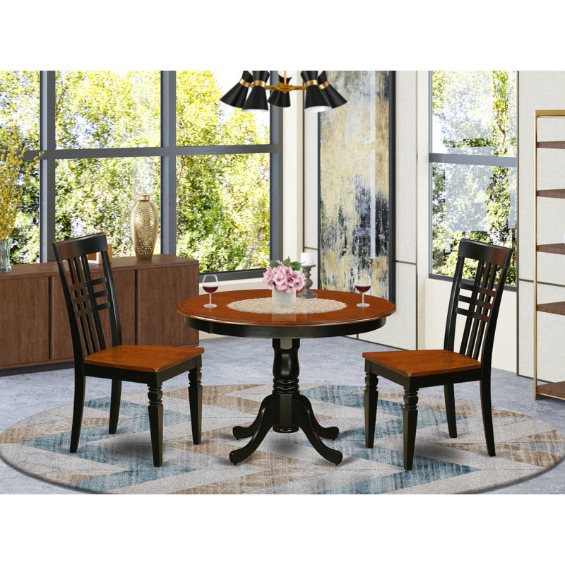 3 Piece Kitchen Table & Chairs Set Contains a Round Dining Room Table with Pedestal and 2 Solid Wood Seat Chairs, Black & Cherry