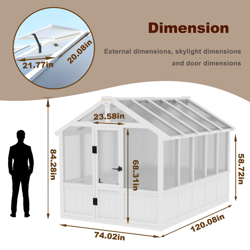 6×10 Ft. Wooden Polycarbonate Greenhouse, White