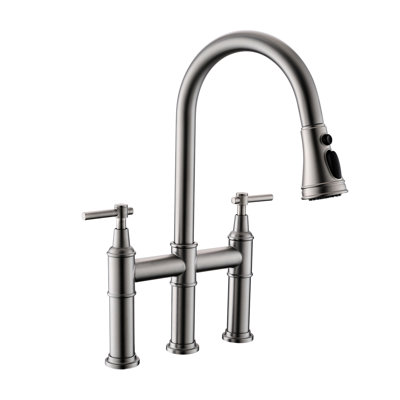 Brushed Nickel Bridge Kitchen Sink Faucet, Pull-Down , 3 Holes 2 Handles, Functional Hole Faucet With Pull-Down, Nickel, Materials