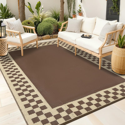 Tapis d'extérieur réversible, 10 pi x 14 pi, paille en plastique tissé imperméable avec bordure géométrique, léger et facile à nettoyer pour le patio, la terrasse, le balcon ou la plage