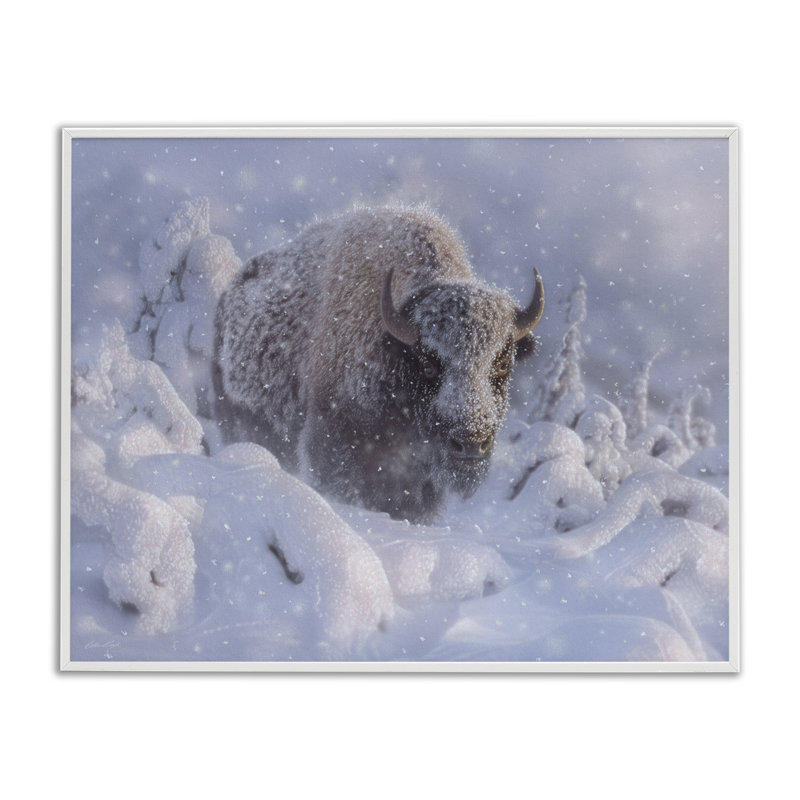 Bison d'hiver en giclée profonde, design par Collin Bogle, H 24 po x l 30 po, Estampe numérique encadrée blanc bord de mer
