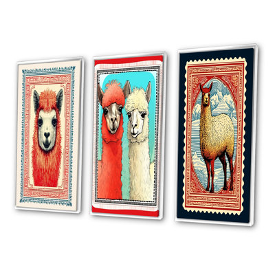 Stamp Retro Illustration Of Alpaca Portrait I - Animals Art Set Of 3 Pieces