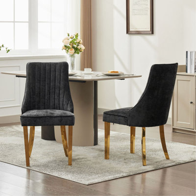 Rayon Cloth Flocking Chenille Dining Chairs Channel Kitchen Dinner Chair Comfy Fabric Upholstered Accent Chair For Dining Room With Golden Stainless Steel Plating Legs,Set Of 2