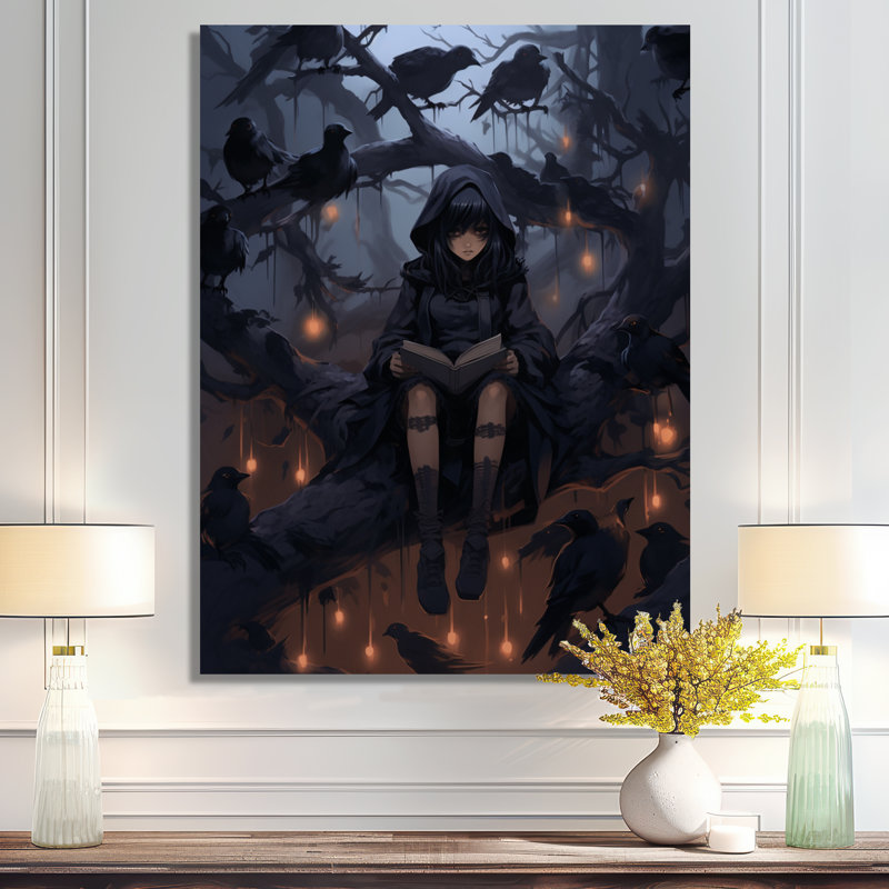 Jeune sorcière avec corbeau noir sur une branche d'arbre - sorcières, art mural, Toile tendue, H 32 po x l 24 po