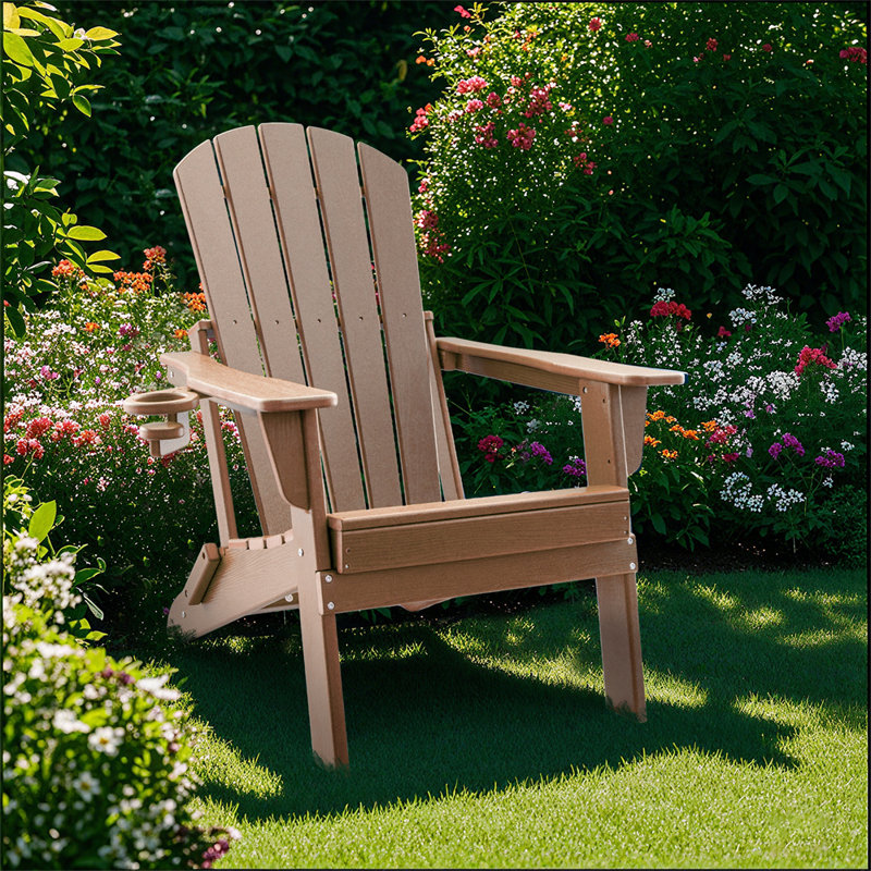 HDPE Folding Adirondack Chair With Cup Holder,Weather-Resistant, Low Maintenance,Supports Up To 400Lbs,,3Pack, Teak
