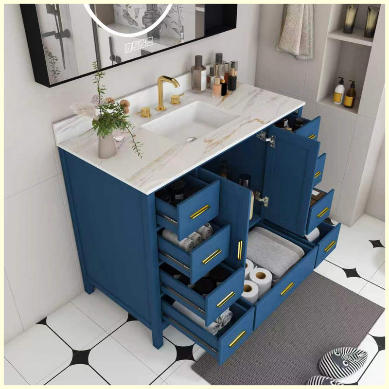 Meuble-lavabo moderne 42 po en bois massif blanc avec rangement à fermeture en douceur, Bleu, Triple