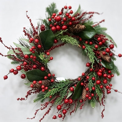 22 Inch Christmas Wreath for Front Door - Artificial Large Leaf Pine Greenery with Double Red Berries, PE+PVC Wreath for Indoor Outdoor Farmhouse Home