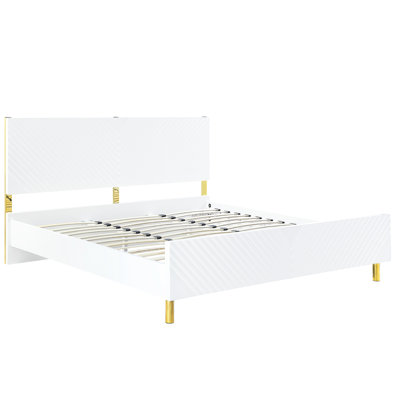 Lit Ek blanc ultrabrillant - sans sommier, structure entièrement en K, motif à vagues, 39 lattes, 4 pieds en métal, capacité de poids de 660 lb, sans charge de ressort