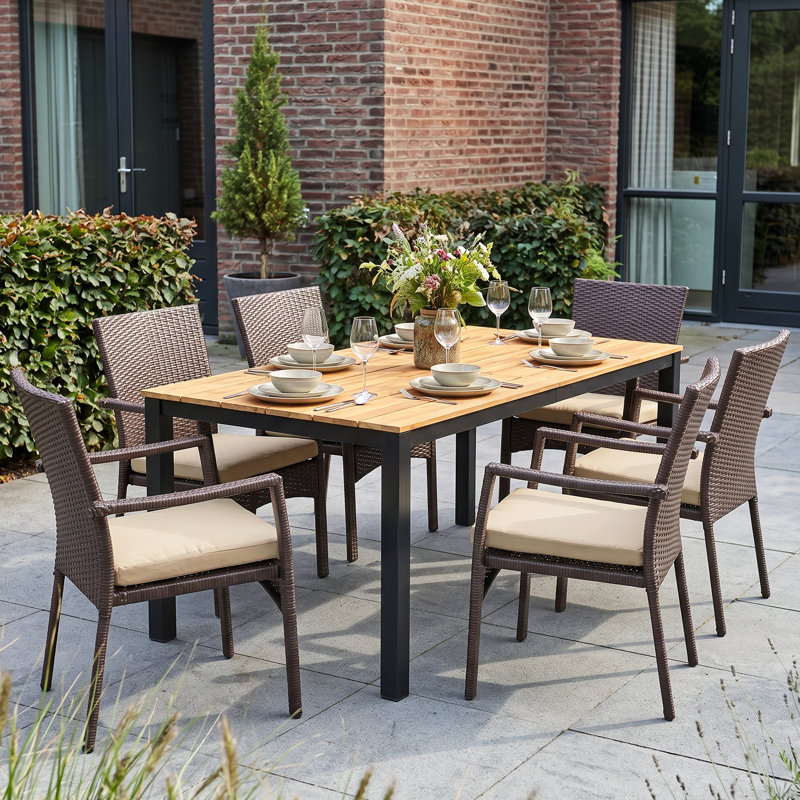 Serenity 6 - Person Acacia Wicker Patio Dining Set with Rectangular Table , Cushions Included