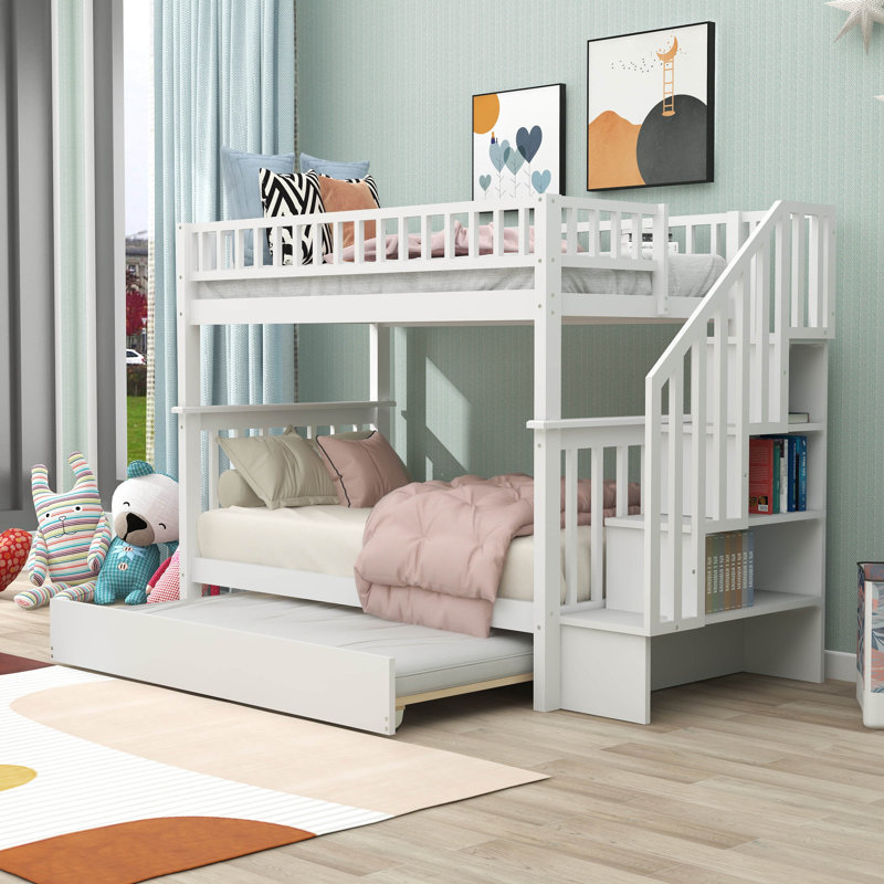 Dituri Twin Over Twin Wood Bunk Bed with Trundle and Shelves, White